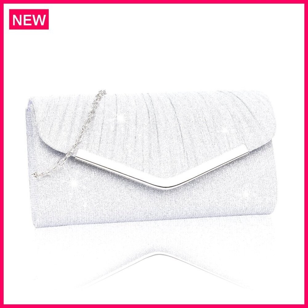 Sparkly Pleated Evening Clutch with Detachable Chain Strap, 8.7x4.6x2 Inches